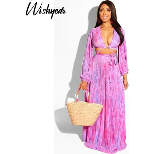 Wishyear Summer Sexy V-neck Crop Top Maxi Swimming Outfits 2 Pieces Set Vacation Beach Style Bra And Floor-Length Skirts Outfits