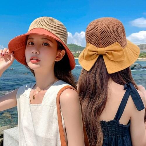 Summer Wide Brim Sun Cap Bowknot Beach Foldable Hats Anti-UV Portable Women Fashion Beach Camping Caps Bucket Hat