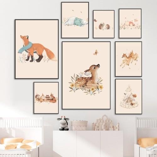Flowers Fox Deer Rabbit Squirrel Hedgehog Bear Wall Art Canvas Painting Nordic Poster And Prints Wall Pictures Kids Room Decor