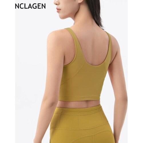 NCLAGEN Sports Crop Top With Removable Pads Fitness Vest Women Push-up Yoga Bra Gym V-neck Running Workout Plain Soft Nylon Tank