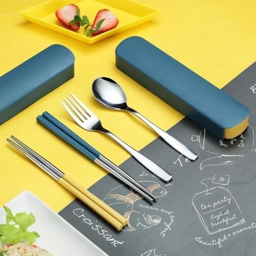 1 Set Portable Travel Tableware Set Stainless Steel Spoon Chopsticks Fork Dinnerware with Storage Box For Kid School Cutlery