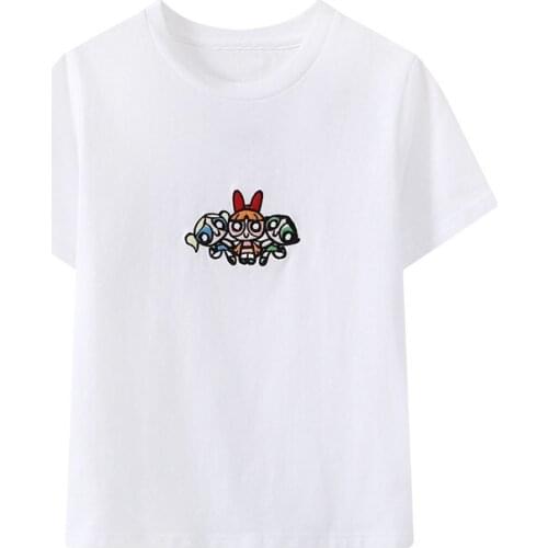 Slim Girls Soft Cotton O Neck T-shirt 2021 Summer Fashion Ladies Office Women Powerpuff Girls Embroidered High Waist Cropped Top