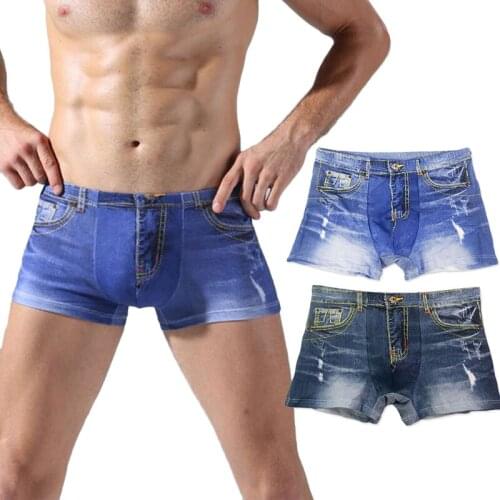 New Mens Sexy Jeans Printed Cotton Breathable Boxer Briefs Stylish Underpants Shorts U Convex Pouch Flat Boxers Sleep Bottoms