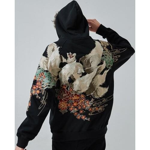 Japanese style Yokosuka Ukiyo-e embroidery nine-tailed fox personality plus velvet hooded jacket hoodie mens autumn and winter
