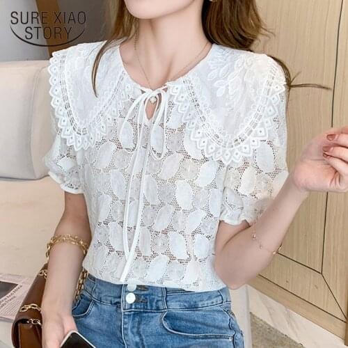 Cotton Women Blouse 2021 Summer New Lace-Up Peter Pan Collar Shirt Embroidery Puff Short Sleeve Women Tops Clothes Blusas 15263