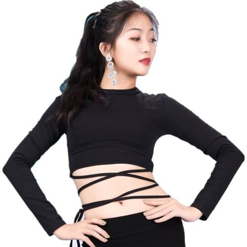 Women Dance Accessories Long Sleeves Elastic Spandex High Neck Belly Dance Tops with Criss-Cross Strap Girls Training Class Wear
