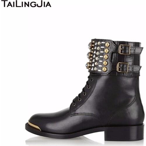 2019 Hot Special Woman Punk Short Boots With Many Studs New Style Ladies Rivets Flat Lace Up Female Black Boots Free Shipping