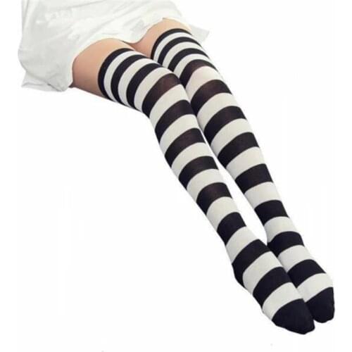 YGYEEG Ladies Striped Long Over Knee Socks High Thigh Cotton Girls Stockings Womens Black Knee Thigh High Stocking Winter Autumn