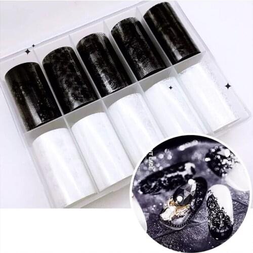 10Rolls/Lot Nail Art Transfer Foil 10 pcs 4*100cm White, black nail lace foil nail art foil sticker, transfer decal nail sticker