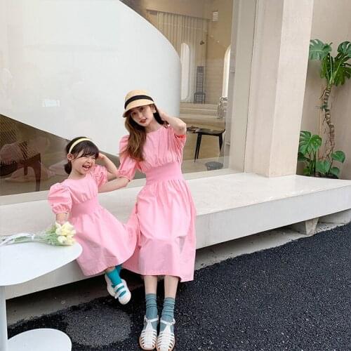 2021 Daughter and Mother Summer Parent-child Clothes Girls Round Neck Bubble Short Sleeve Solid Color Dress