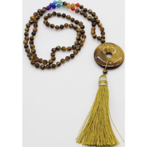 3.5 inch tassel style natural stone necklace sweater bead chain hand knot with round peace pendant hot sale factory price