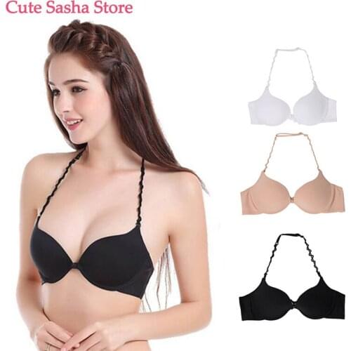 Fashion Sexy Solid Color With Steel Ring Hanging Neck Front Buckle Gathered Beautiful Back Bra 3 Colors