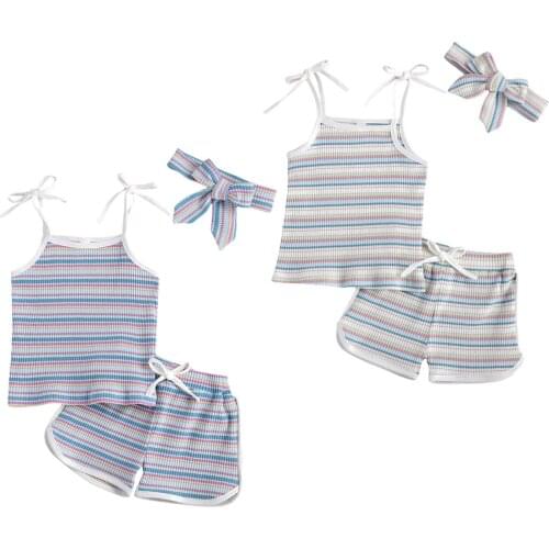 Citgeett Summer 0-4Y Toddler Kid Baby Girl 3Pcs Set Colorful Striped Sleeveless Bow+Shorts+Headband Outfit Set Clothes