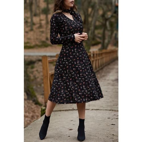 Floral Print Dress Colar Gusset Stylish Design