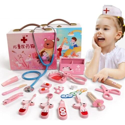 Baby toys Funny play Real Life Cosplay Doctor game Portable Medicine Box Pretend Doctor Play Set Wooden toy for Kid