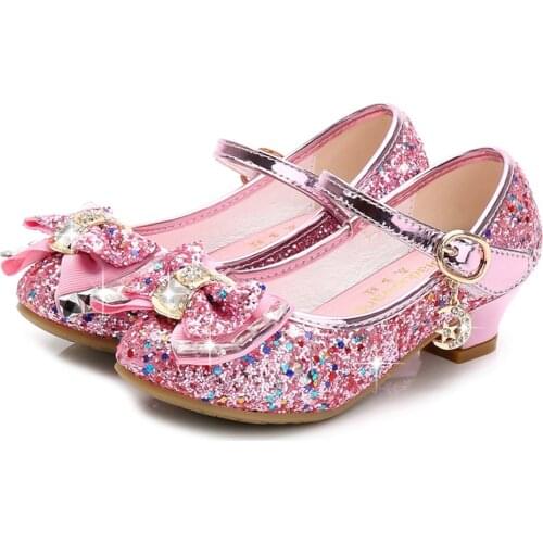 Princess Kids Leather Shoes for Girls Flower Casual Glitter Children High Heel Girls Shoes Butterfly Knot Black Pink Silver