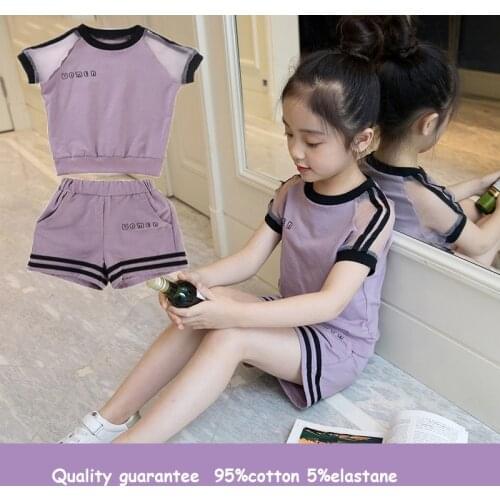 Clothes For Child Childrens Cotton Herringbone Decorated Breathable Mesh Sleeves Tops+ Shorts Clothing Sets Girl Summer Sets
