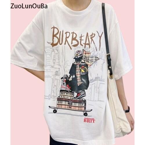 ZuoLunOuBa Summer Casual Women T Shirt Print Skateboard Boy Alphabet Burbeary Harajuku Trend Loose White Lady Tees Tops Female