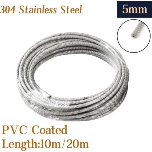 304 Stainless Steel PVC Coated Flexible Wire Rope soft Cable 10m/20m Transparent Stainless Steel Clothesline Diameter 5mm