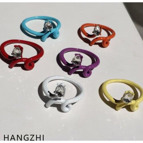 HANGZHI 2021 INES New Trendy Rhinestone Inlay Color Irregular Snake Shaped Spray Paint Open Rings for Women Girls Jewelry Gifts