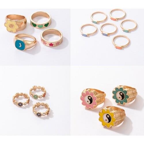 Docona New Trendy Colorful Daisy Flower Crystal Rings for Women Geometry Star Tai Chi Bagua Metal Ring Set Bohe Jewelry Anillo