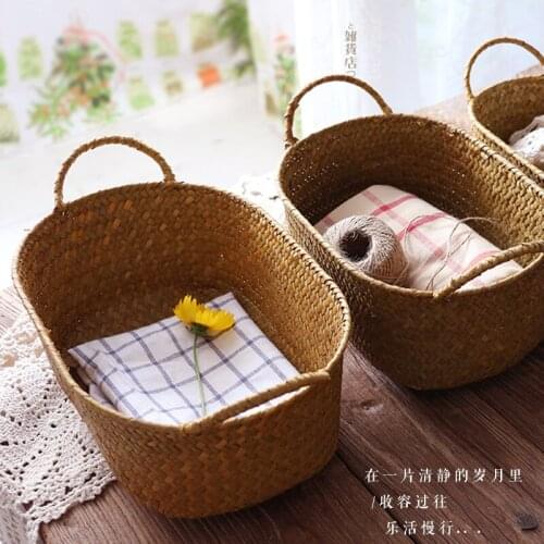 Handmade Weave Fruit Dish Seaweed Weave Oval Storage Basket Snack Flower Basket with Handle Desktop Finishing Box Woven Baskete