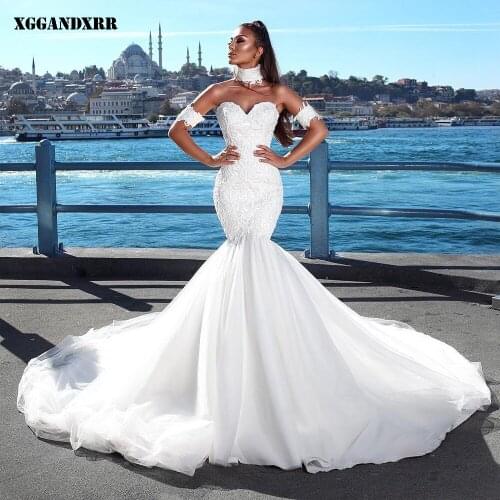 Beautiful Wedding Dress 2022 With Choker Tulle Mermaid Bridal Gown White Sweetheart Regular Appliques Chapel Train Custom Made