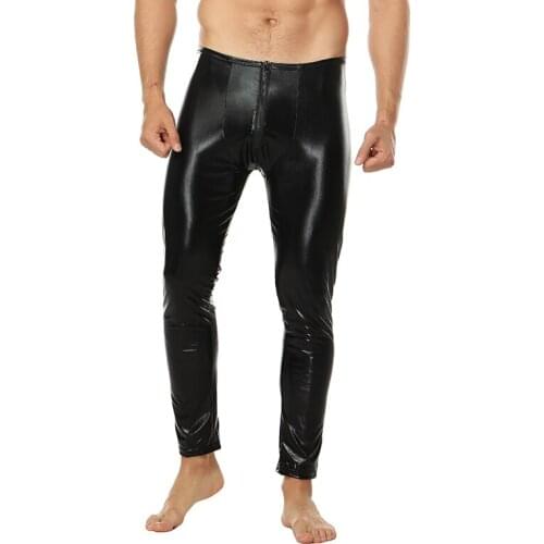 Black Mens Faux Leather Leggings Zipper Front Tight Pencil Pants Male Gay Stage Dance Wear Skinny Trousers Elastic Vinyl Pants