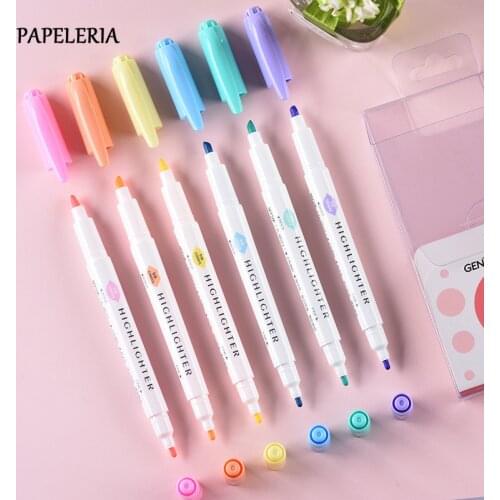 6Pcs/Set Double Headed Highlighter Marker Pen Japanese Fluorescent Pen Candy Color Drawing Graffiti Art Pens for School Supplies