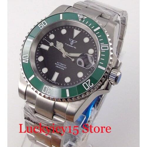 Steel Tandorio 24 Jewels NH35A Mechancial Men Watch Black Dial Ceramic Insert Brushed Oyster Strap Date Window