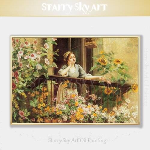 Gifted Artist Hand-painted High Quality Impressionist Wall Art Beautiful Lady at Balcony Oil Painting Wonder Girl Oil Painting
