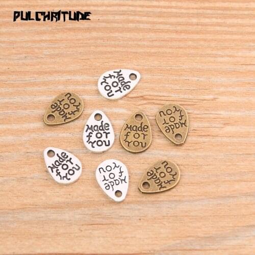PULCHRITUDE 60pcs 8*11mm Two Color Letter “Made for you”Charms Water Droplets Pendants Handmade Vintage For DIY Jewelry Findings
