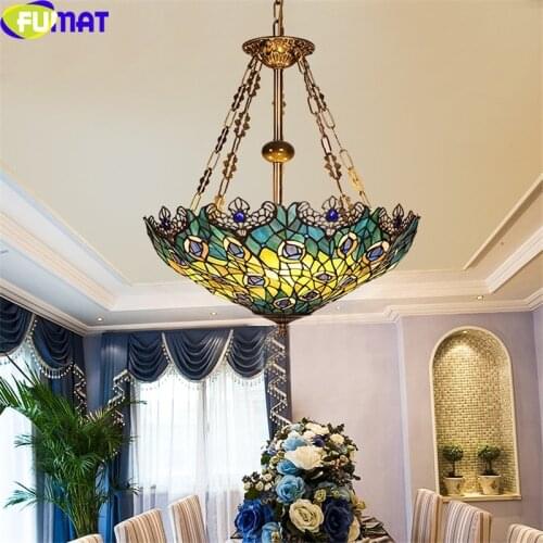 FUMAT Tiffany Handcraft Style Peacock Sumptuous Pendant Lamp Anti Chandelier Stained Glass Art Home Decoration Green Shade Light