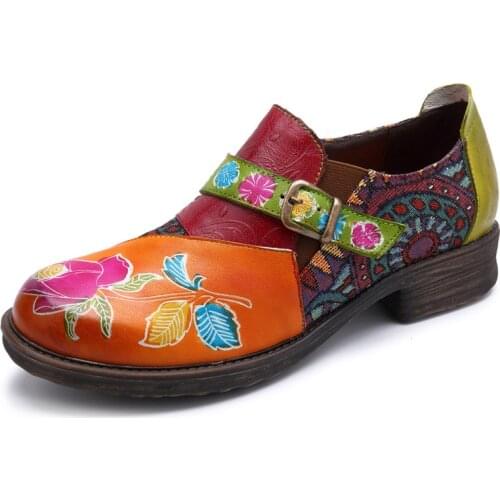 Vintage Sandals Flowers Pattern Splicing Genuine Leather Stitching Hook Loop Slip On Sandals Elegant Shoes Women 2019