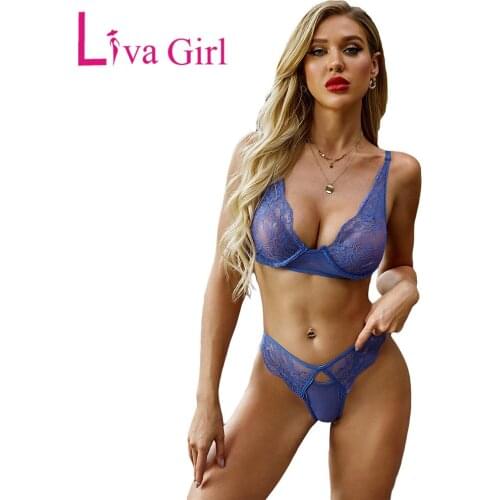 LIVA GIRL Woman Sexy Lace Mesh Lingerie Set Hollow Out Bralette Panty Set Female Signature Balcony Bra&Thong Lenceria Underwear