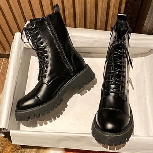 Chic Women real leather lace up boots muffin zipper botas winter plush riding boots women shoes british short botines mujer 2020