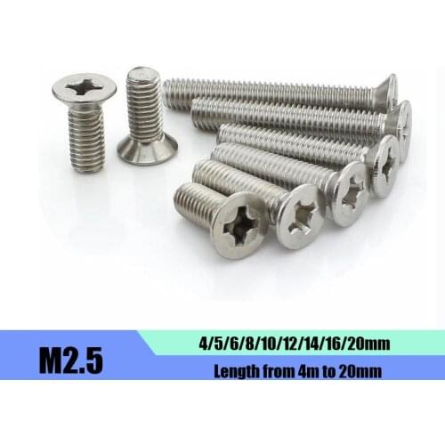 DasHex 100PCS M2.5 Length 4mm-20mm Flat Head Countersunk Head Screws 304 Stainless Steel