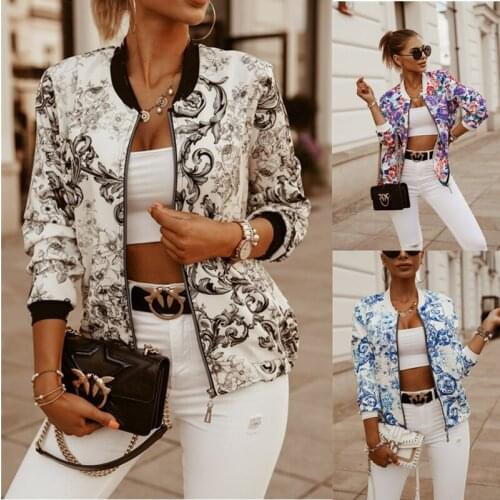 Spring Autumn Womens Slim Long Sleeve Short Jacket Flower Print Female Coat Causal Zipper Outerwear