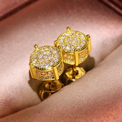Vintage Gold Silver Color Hip Hop Earrings White Zircon Stone Wedding Stud Earrings Luxury Crystal Round Earrings For Women Men