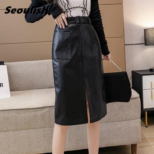 Seoulish Autumn Winter Black PU Leather Womens Wrap Skirts with Belted 2021 New High Waist Front Split Sheath Mid-calf Skirts