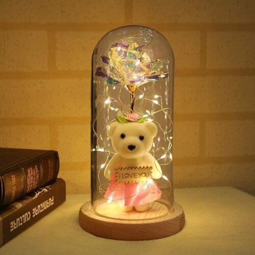 Enchanted Beauty Rose and Bear with LED Light in Glass Dome on Wood Base Night Light Mothers Day Birthday ValentineS Day Gift