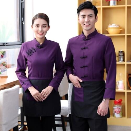 Hotel Work Clothing Fall/Winter Women Long Sleeve Vintage Uniform Chinese Traditional Restaurant Waiter Shirt+Apron Set Sales
