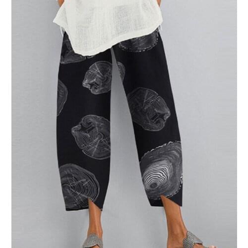 Cotton Linen Vintage Women Pants 2020 Summer Elastic Waist Irregular Trousers Pantalon Casual Dandelion Print Cropped Pants 5XL