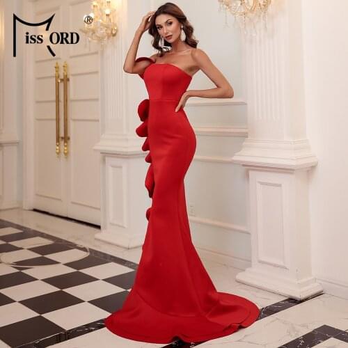Missord Women Sexy Strapless Red Christmas Dress Ruffles Off Shoulder Maxi Dress Backless Bodycon Evening Party Dress M0775
