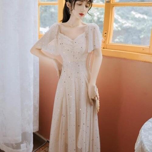 2021 Summer Women Elegant Mesh Chiffon Long Dresses Lady Sequins V-neck Short Sleeve Dress Female Casual Party Vestidos Y733