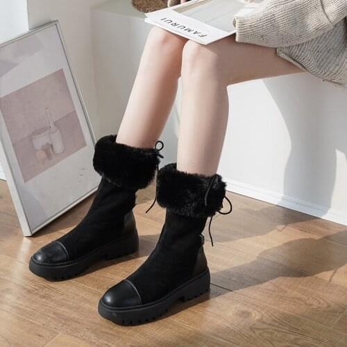 Winter Womens Strap Lace-Up Keep Warm Platform-Bottom Ankle Bare Booties Casual Mid-calf Plush Insole Snow botas mujer 31-43