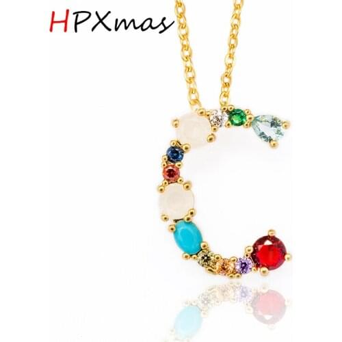 HPXmas Golden Necklace With Colorful Crystal Fashion 26 Letters Pendant Women Necklaces Jewelry For Female Gifts