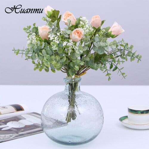 1Bundle Silk Roses Gypsophila Eucalyptus Set Bride Home Wedding New Year Decoration Fake Plants Artificial Flowers декор комнаты