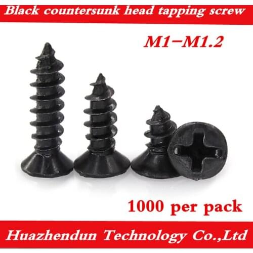 1000pcs Free Post KA Black Cross Flat Head Self-tapping Screw Countersunk Head M1mm Miniature Electronic Small Screw M1 M1.2