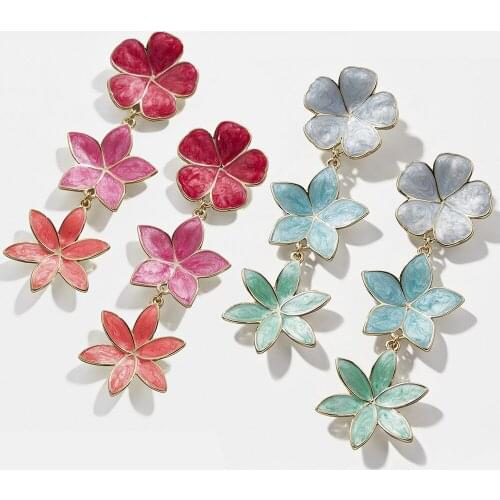 2020 Summer Design Enamel Gradient Red Blue Flower Shape Long Drop Earrings Fashion Party Statement Earrings For Women